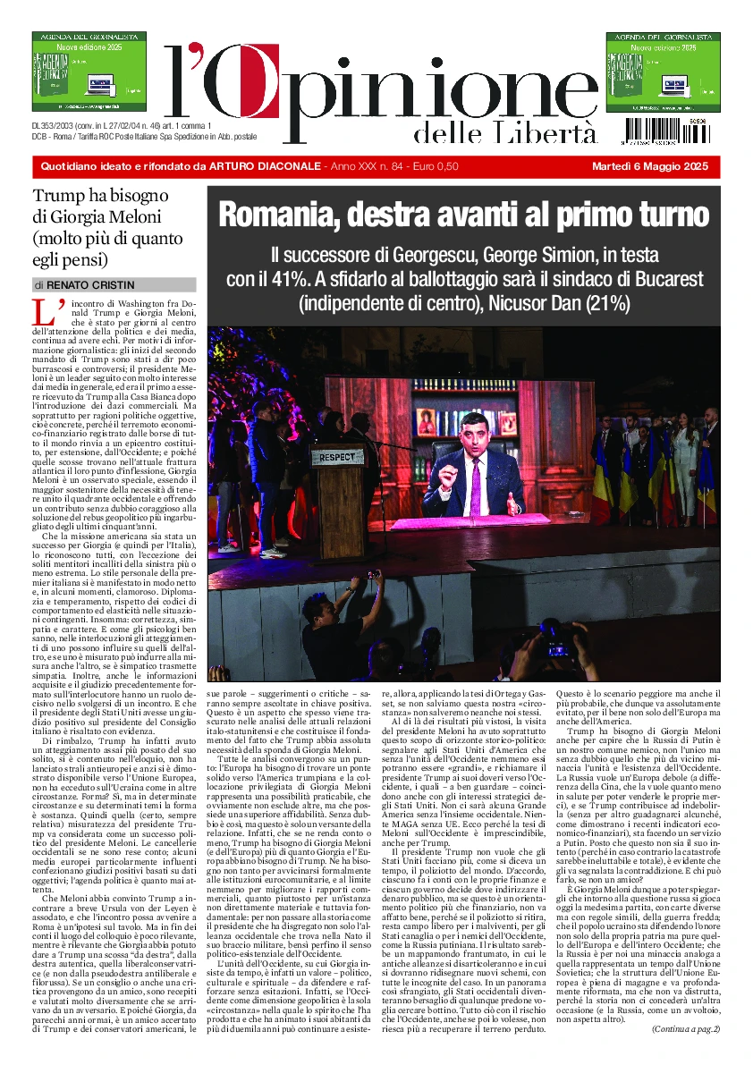 Prima-pagina-opinione della liberta-edizione-di-oggi-2025-05-06